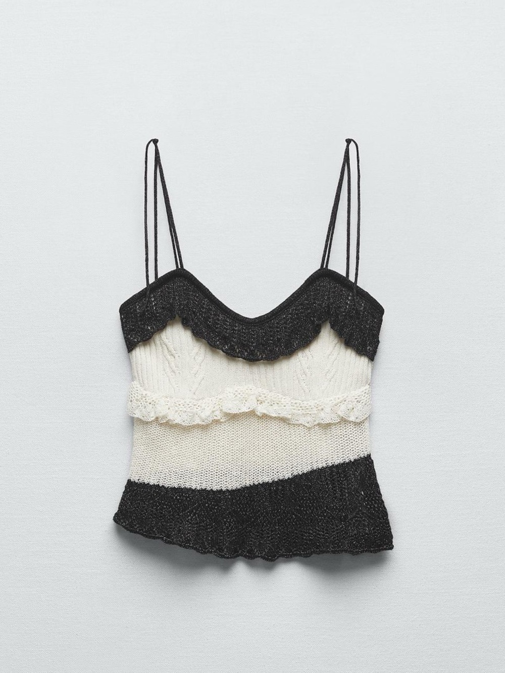 Zara Black and Cream Knit Ruffle Cami Top